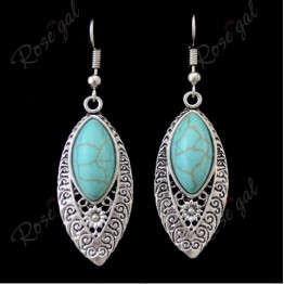 Pair of Stylish Faux Turquoise Flower Hollowed Drop Earrings For Women