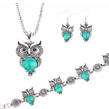 A Suit of Vintage Faux Gem Owl Necklace Bracelet and Earrings For Women