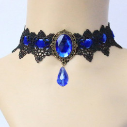 Elegant Gothic Faux Sapphire Embellished Knitted Necklace For Women