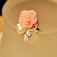 Cute Beads Rhinestone Rose Flower Ring For Women