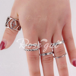 Stylish 6 Pcs/Set Rhinestone Emboss Letters Hollow Out Alloy Rings For Women